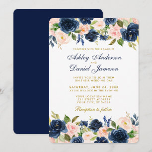 Convite Casamento Dourado Elegante Azul-Blush Rosa R