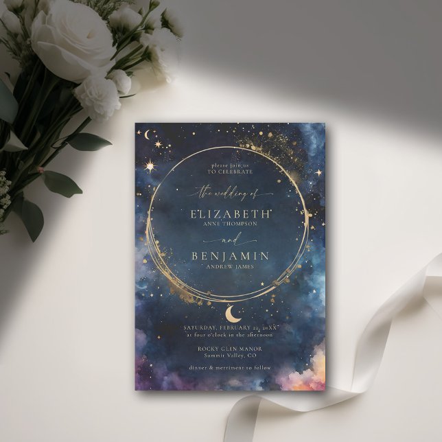 Convite Casamento Dourado Elegante Azul Elegante Celestial (celestial wedding invitation elegant frame watercolor moon stars sky modern classic navy blue)