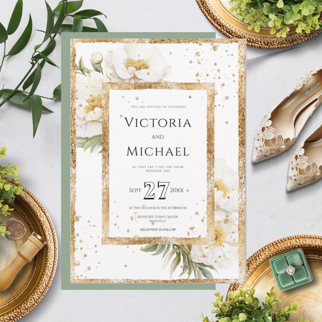 Convite Casamento Dourado Elegante Branco Floral (Criador carregado)