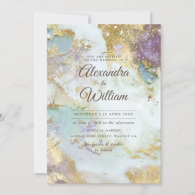 Convite Casamento Dourado Elegante Celestial Watercolor (Frente)