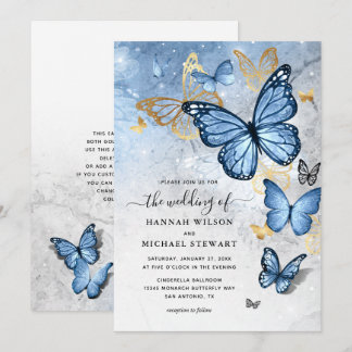 Convite Casamento Dourado Elegante com Borboleta Azul