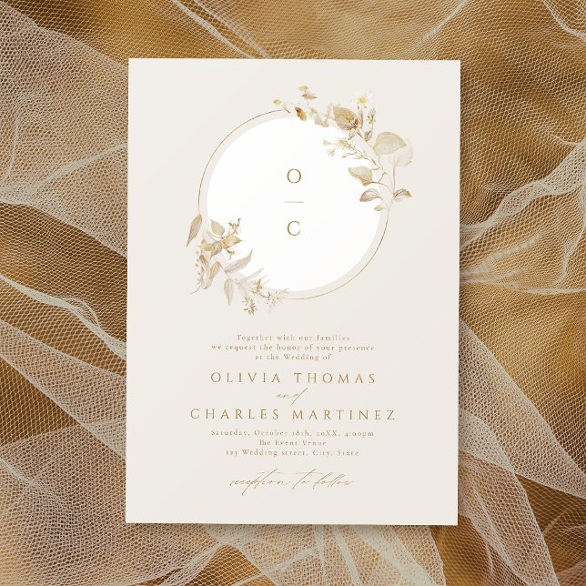 Convite Casamento Dourado Elegante da Terra Botânica Monog (Elegant Gold Botanical Wreath Monogram Wedding Invitation)