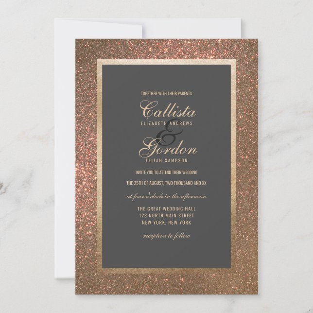 Convite Casamento Dourado Elegante de Borda Glitter Espess (Frente)