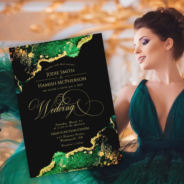 Convite Casamento Dourado Elegante de Bronze Verde Emerald (Elegant Emerald Green Bronze Gold Wedding Invitation)