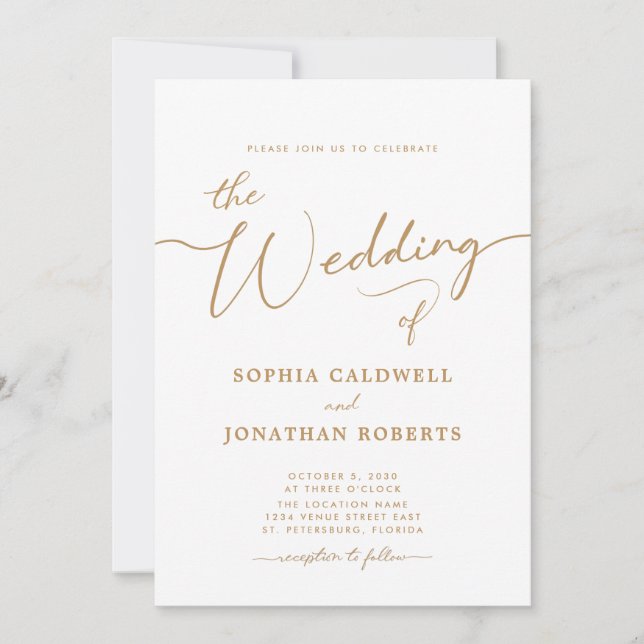 Convite Casamento Dourado Elegante de Caligrafia (Frente)