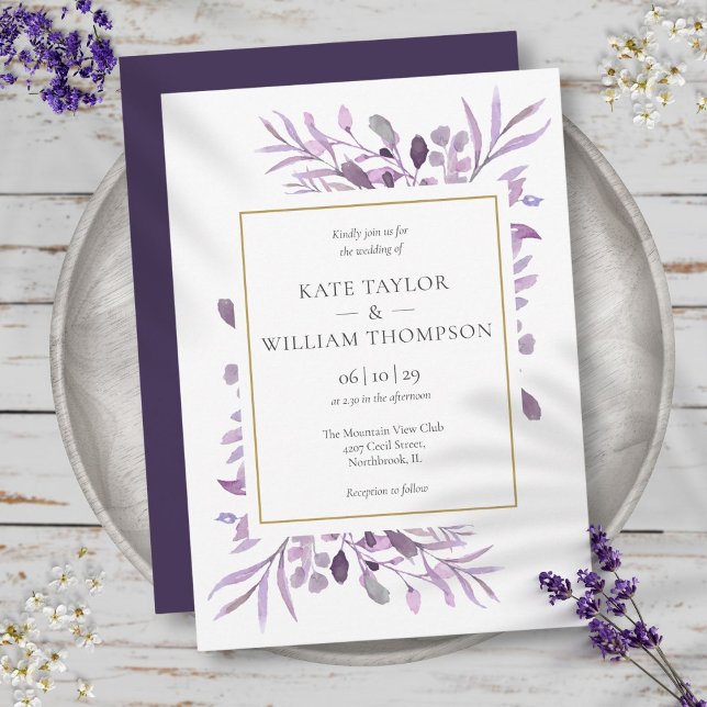 Convite Casamento Dourado Elegante de Folhagem de Lavanda  (Purple Lavender Foliage Elegant Gold Wedding Invitation)