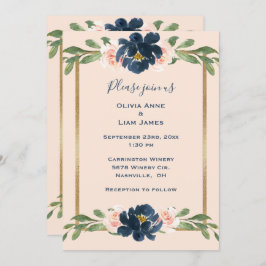 Convite Casamento Dourado Elegante de Indigo Floral Rosa B