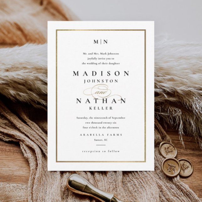 Convite Casamento Dourado Elegante de Quadro Negro e Branc (Criador carregado)