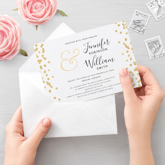 Convite Casamento Dourado Elegante de Script Confetti (Elegant Gold Glitter Confetti Script Wedding Invitation)