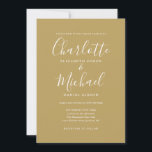 Convite Casamento Dourado Elegante de Script Moderno<br><div class="desc">Apresentando nomes de estilo de assinatura,  este elegante convite de casamento pode ser personalizado com suas informações em letras brancas em chic em um fundo de ouro. Projetado por Thisnotme©</div>