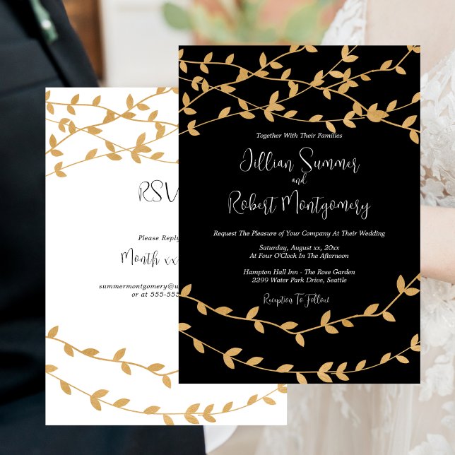 Convite Casamento Dourado Elegante deixa preto e branco (Elegant Gold Leaves Black and White Wedding Invitation)