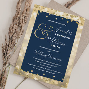 Convite Casamento Dourado elegante dos azuis marinhos de