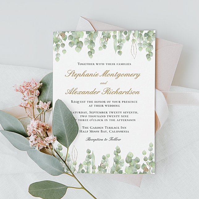 Convite Casamento Dourado Elegante Eucalyptus Greenery (Criador carregado)