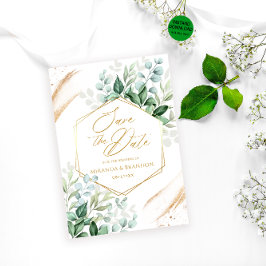 Convite Casamento Dourado Elegante Eucalyptus Salve a Data