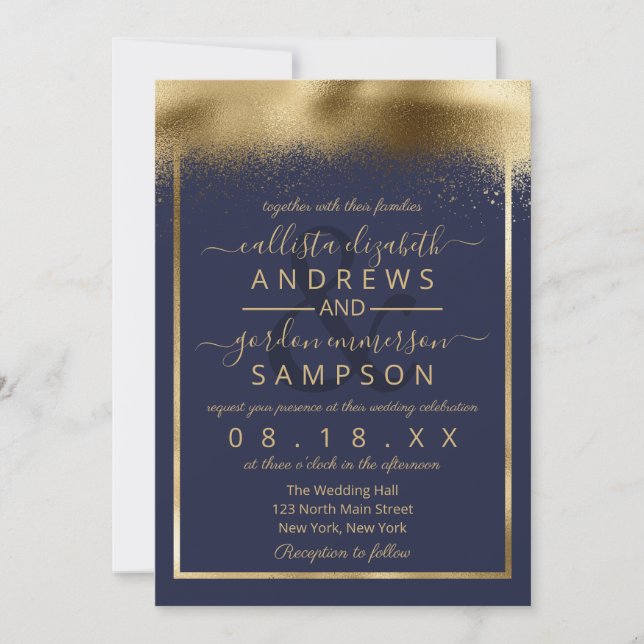 Convite Casamento Dourado Elegante Faux Foil Sprayed Confe (Frente)