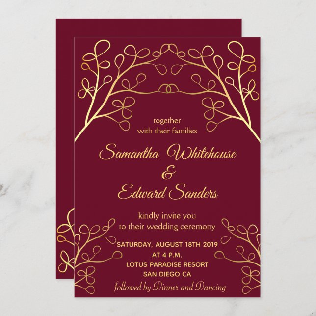 Convite Casamento Dourado Elegante Floral Burgundy (Frente/Verso)