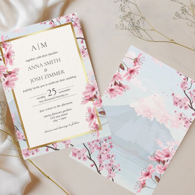 Convite Casamento Dourado Elegante Japonês Cherry Blossom (Cherry Blossom Wedding Invitation)