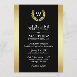 Convite Casamento Dourado Elegante Laurel Wreath Monograma