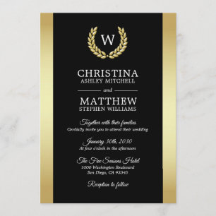 Convite Casamento Dourado Elegante Laurel Wreath Monograma