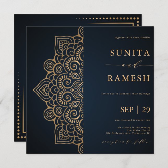 Convite Casamento Dourado Elegante Mandala Indiano Escuro  (Frente/Verso)