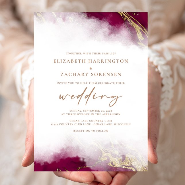 Convite Casamento Dourado Elegante Marble Burgundy (Criador carregado)