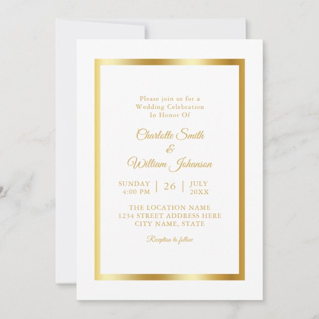 Convite Casamento Dourado Elegante Moderno Minimalista (Frente)