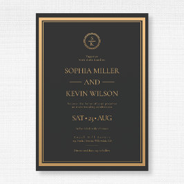 Convite Casamento Dourado Elegante Moderno Monograma Preto