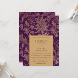 Convite Casamento Dourado Elegante Roxo Real Damask