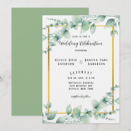 Convite Casamento Dourado Elegante Sage Green