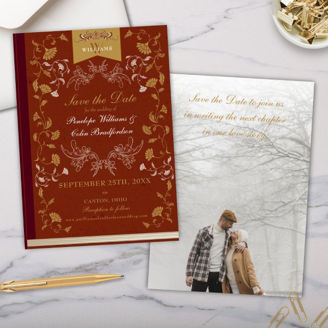 Convite Casamento Dourado Elegante Terra Cotta Salvar Data (elegant terra cotta and gold wedding save the date invitation for vintage victorian era book lovers)