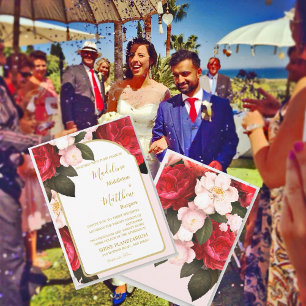 Convite Casamento Dourado Elegante Vermelho Cor-de-Rosa Fl