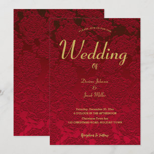 Convite Casamento Dourado Elegante Vermelho Floral Moderno
