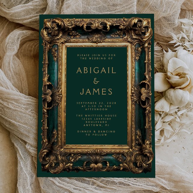 Convite Casamento Dourado Emerald Verde Frame do Ornamenta (An ideal choice for a vintage emerald green and gold themed wedding.)