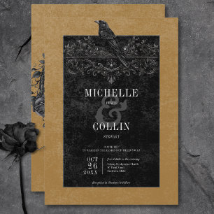 Convite Casamento Dourado entre Rosas Negros e Raven Preto
