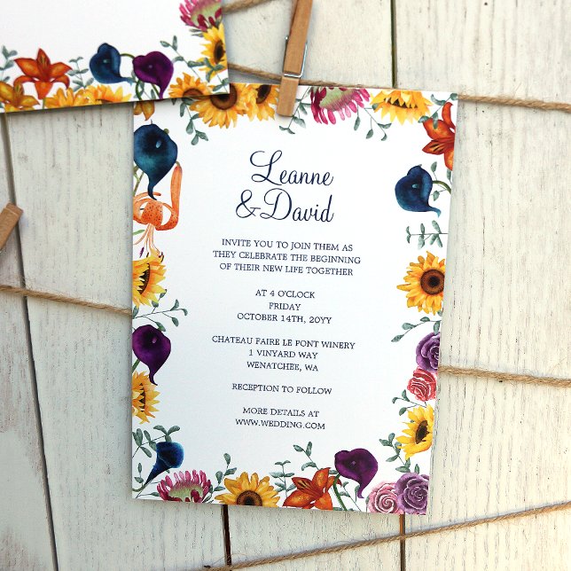 Convite Casamento Dourado entre Sunflower, Marinho e Plum  (orange, blue, plum purple fall sunflowers, calla lilies, pink protea flowers wedding invitations)