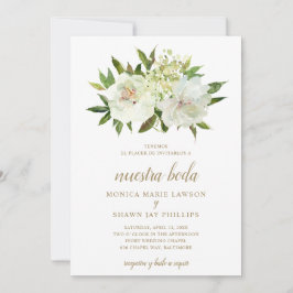 Convite Casamento Dourado espanhol Neutral Floral White