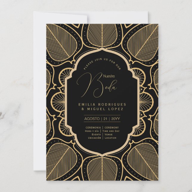 Convite Casamento Dourado Espanol Invitación Boda Elegante (Frente)