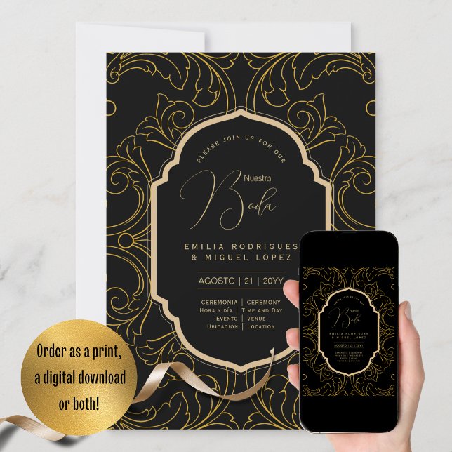 Convite Casamento Dourado Espanol Invitación Boda Elegante (Criador carregado)
