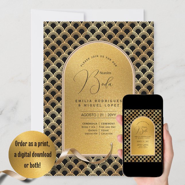 Convite Casamento Dourado Espanol Invitación Boda Elegante (Criador carregado)