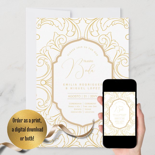Convite Casamento Dourado Espanol Invitación Boda Elegante (Criador carregado)