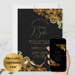 Convite Casamento Dourado Espanol Invitación Boda Elegante