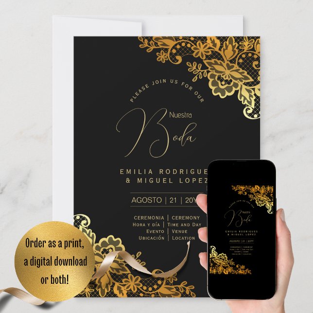 Convite Casamento Dourado Espanol Invitación Boda Elegante (Criador carregado)