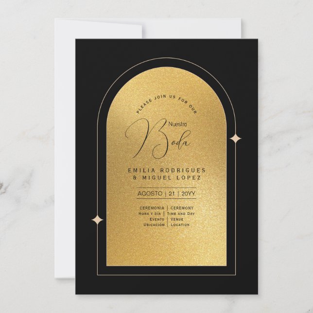 Convite Casamento Dourado Espanol Invitación Boda Elegante (Frente)