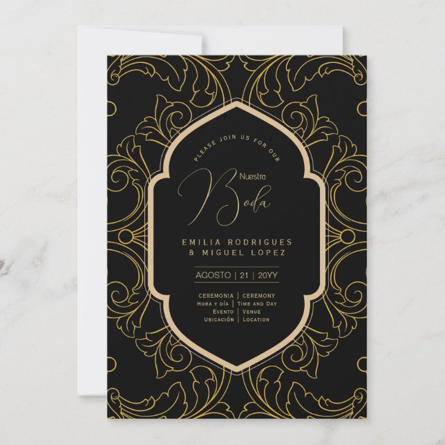 Convite Casamento Dourado Espanol Invitación Boda Elegante (Frente)