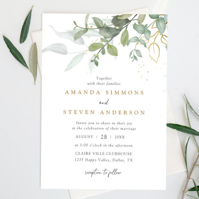 Convite Casamento Dourado Eucalyptus Greenery Boho Sage (Criador carregado)