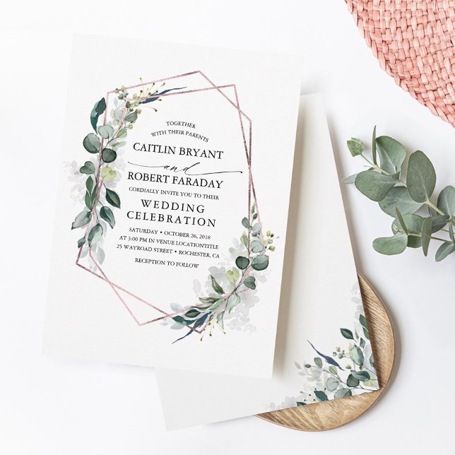 Convite Casamento Dourado Eucalyptus Greenery Geométrico (Greenery and Rose Gold Frame Wedding Invitations)