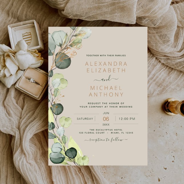 Convite Casamento Dourado Eucalyptus Greenery Taupe Beige (Criador carregado)