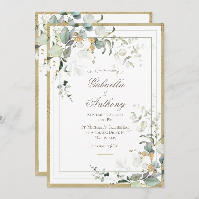Convite Casamento Dourado Eucalyptus Russo Elegante (Frente/Verso)