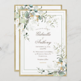 Convite Casamento Dourado Eucalyptus Russo Elegante