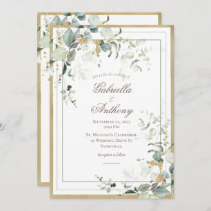 Convite Casamento Dourado Eucalyptus Russo Elegante